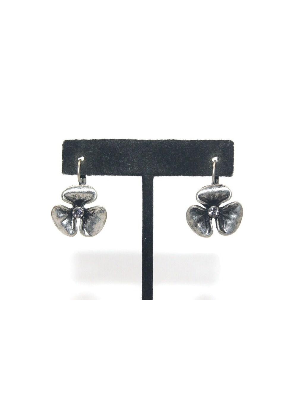 Vintage Silver Tone and Clear Rhinestone Flower Dangle Earrings.